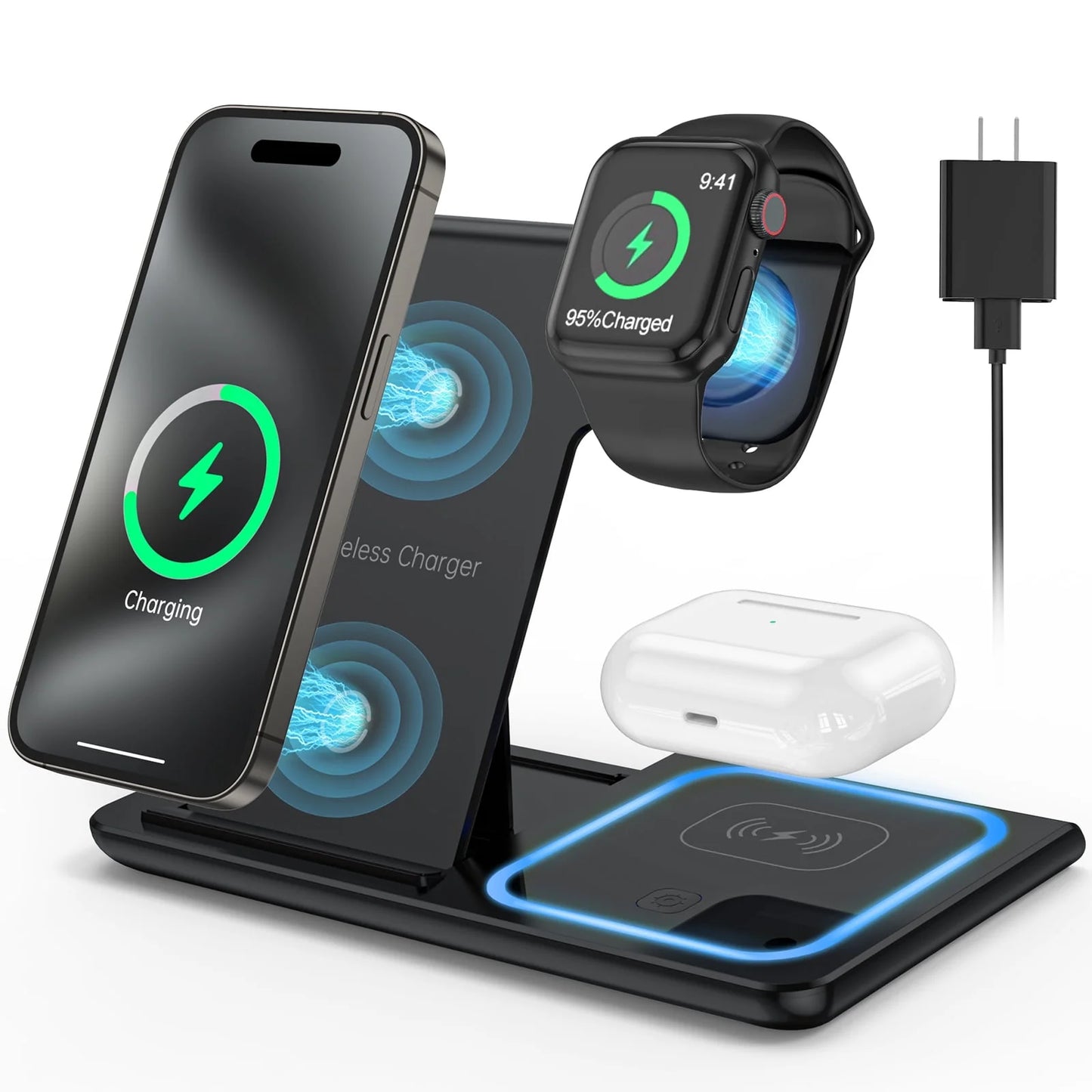 TriCharge Pro: 3-in-1 Fast Wireless Charging Station for iPhone, Apple Watch & AirPods